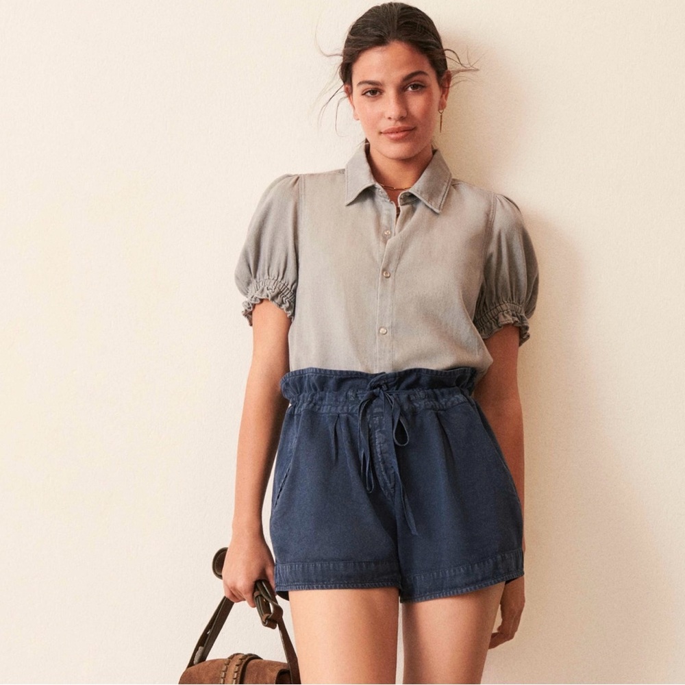 Ba&sh Danee Denim Shirt (Sz 3 / L) Puff Sleeve Button Down Light Grey - Picture 2 of 16